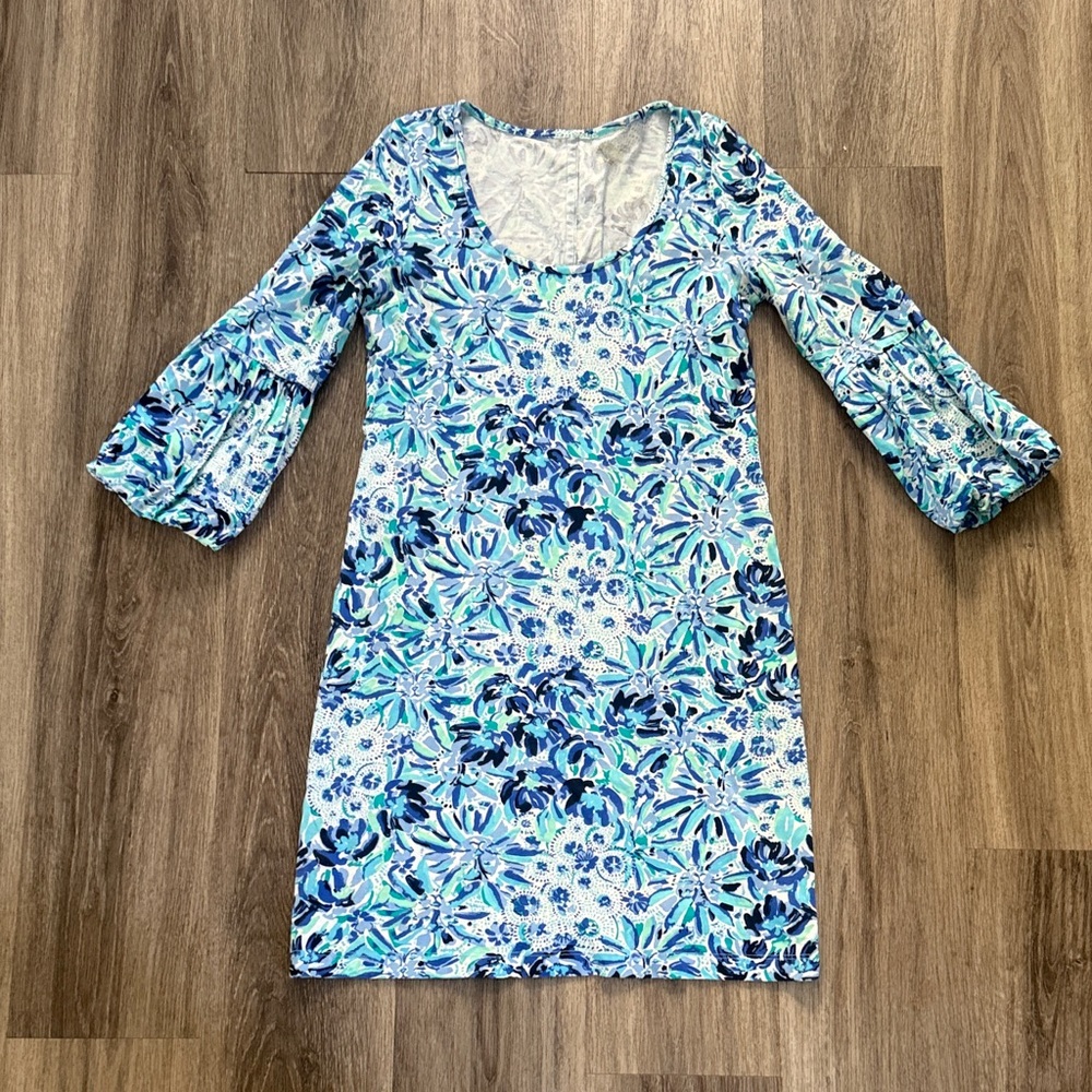 Lilly Pulitzer Navy and Teal Patterned Dress Puffed Sleeves Size Small